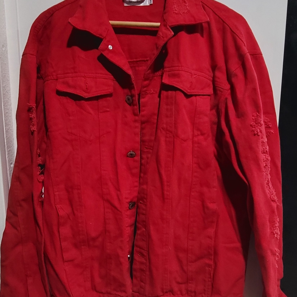Studios Brand Red Distressef Denim  Jacket